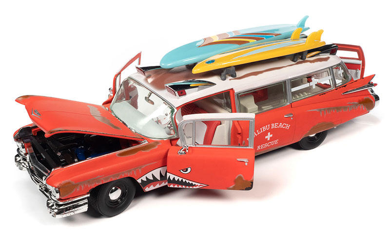 Auto World 1:18 1959 Cadillac Eldorado Ambulance Surf Shark Graphics and Surf Boards