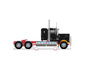 1:50 Scale Kenworth W900 Truck Low Line Sleeper - Black with Red Chassis