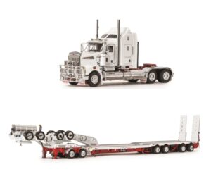1:50 Scale Kenworth T909 with Drake 4x8 Swingwing Trailer and Dolly - White with Red