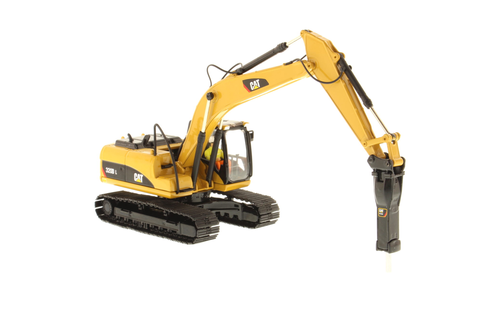 1:50 Scale Caterpillar 320D L Excavator with Cat H120E S Hammer Attachment - Image 2